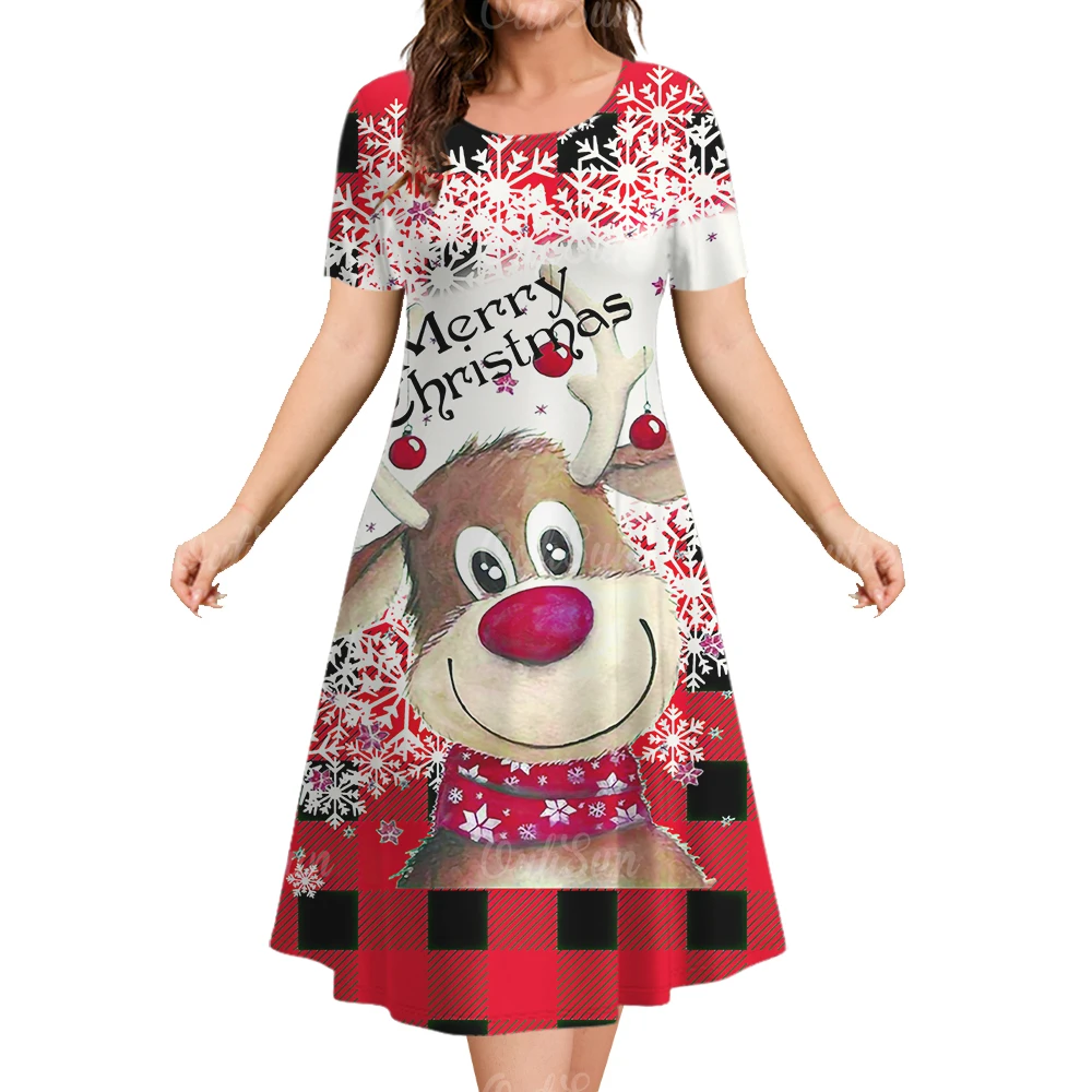 Summer Santa Claus Printed Women's Dress Round Neck Fashion Party Cartoon Dress 2024 Merry Christmas Short Sleeved A-Line Skirt