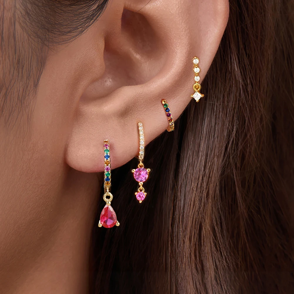 4PCS Fashion Simple Hoop Earrings Sets For Women Geometry Zircon Water Drop Dangle Earring Hypoallergenic Daily Wear Jewelry