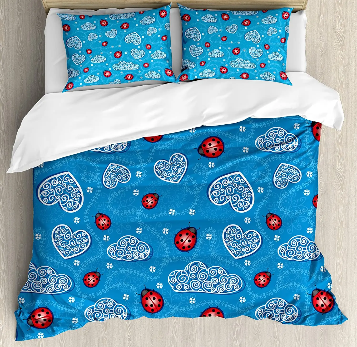 Ladybugs Bedding Set Comforter Duvet Cover Pillow Shams Ladybugs and Ornate Clouds Magic in the Air Bedding Cover Double Bed Set