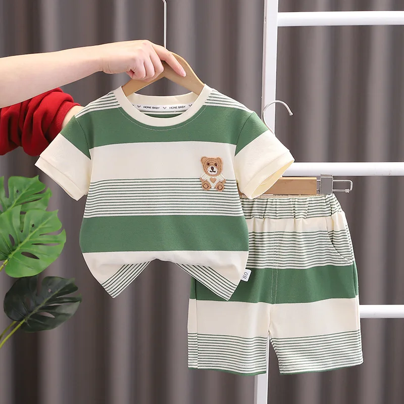 Fashion Summer Kids Baby Boys Striped Suits Cartoon Bear T-Shirt+Shorts Casual Clothes Outfit Girls Clothing 2PCS/Set