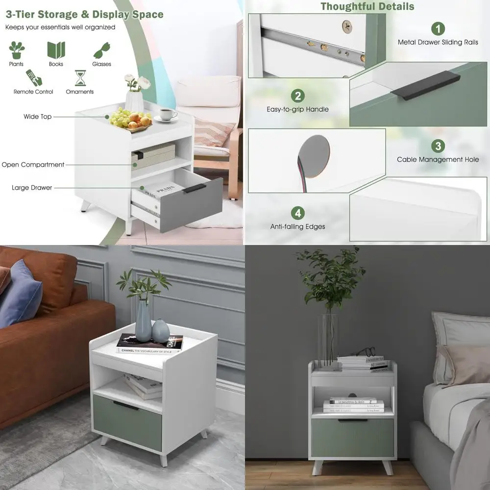 

3-Tier Storage Bedside Table, 16 x 16 Modern Nightstand with Drawer & Open Shelf, White & Green Accents