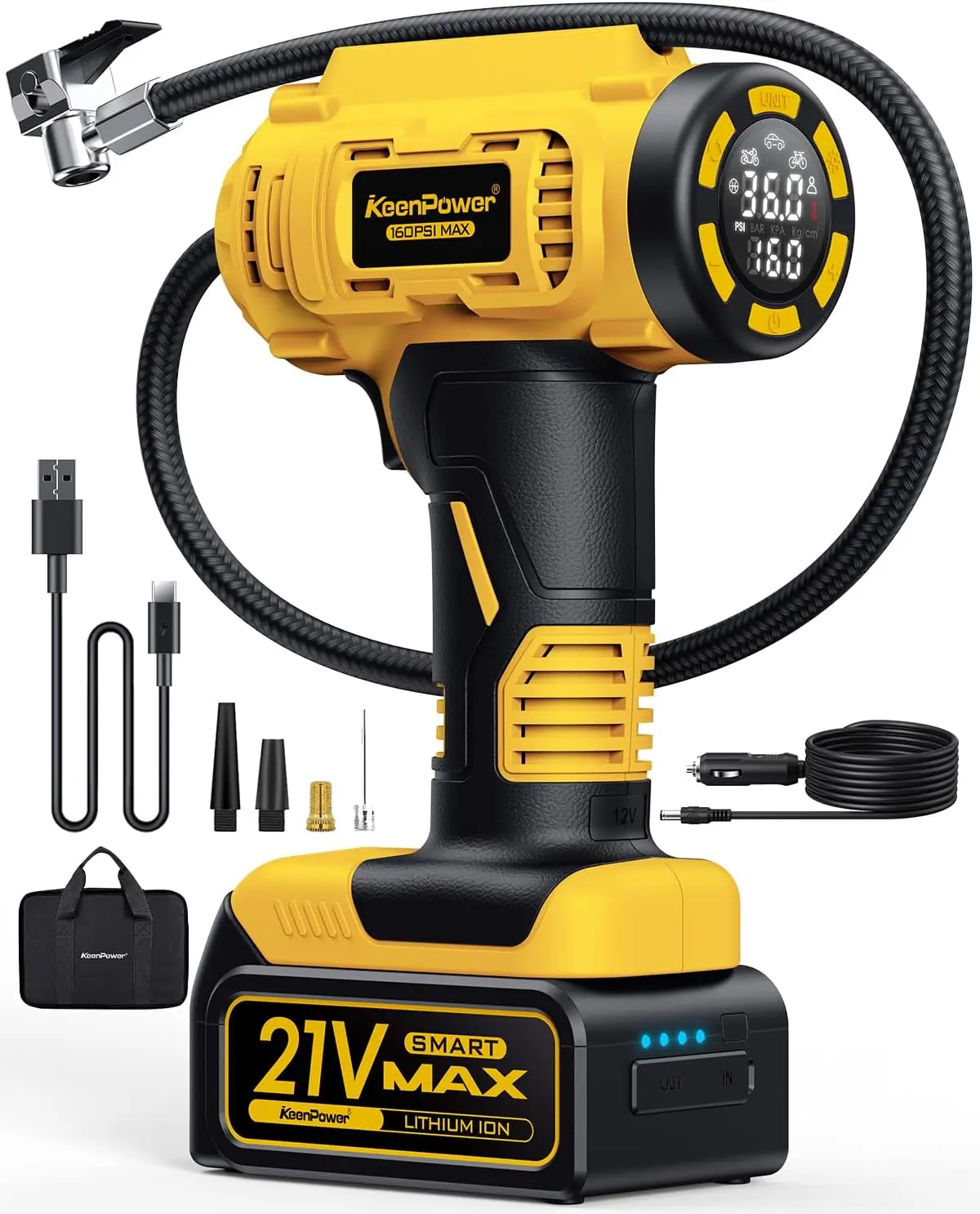 

Cordless Tire Inflator Portable Air Compressor, 160PSI Car Tire Air Pump, 21V Rechargeable Battery Powered Air Compressor