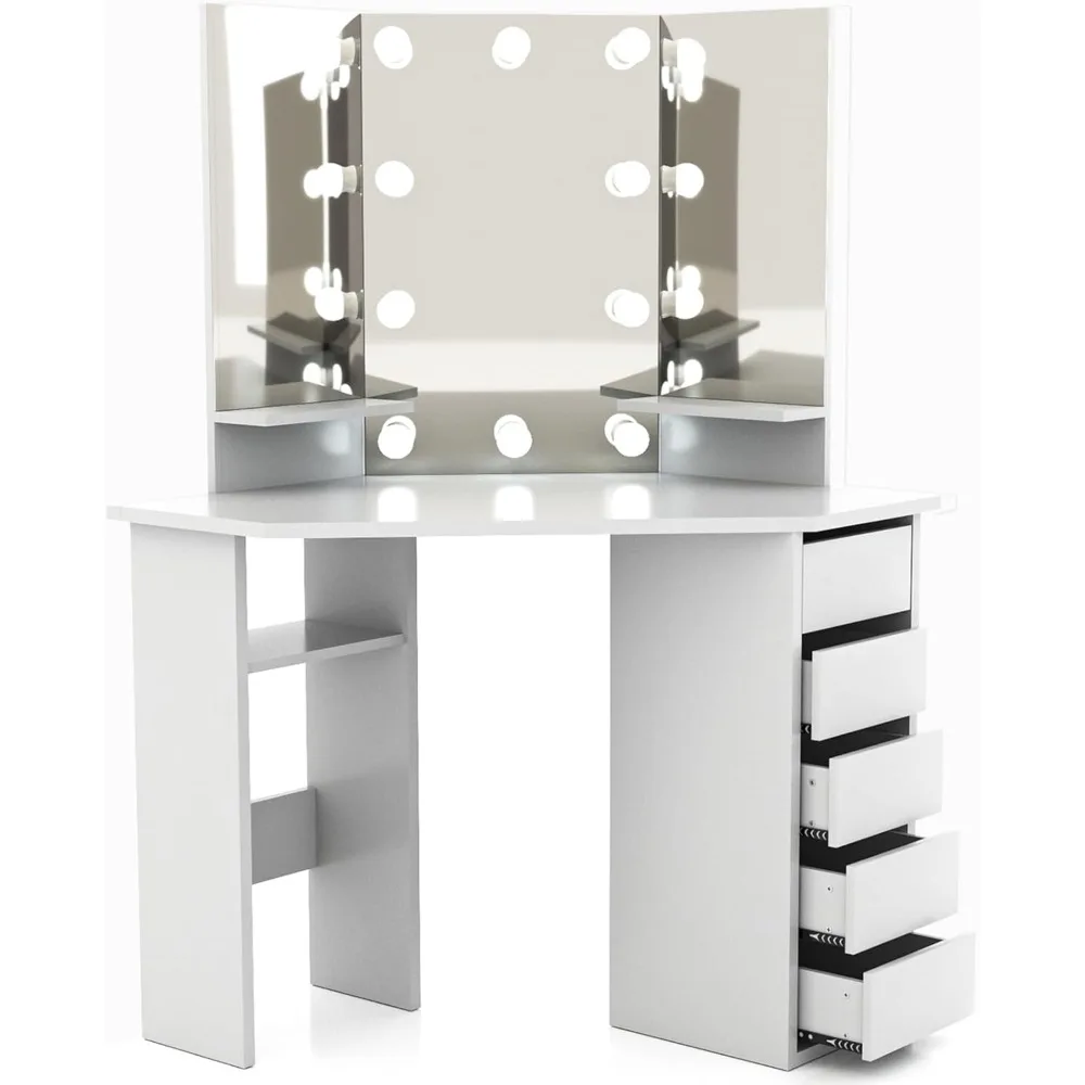 Corner Makeup Vanity Desk with Mirror and Lights - White Vanity Table with 3 Lighted Mirrors 5 Drawers Bedroom Makeup Table