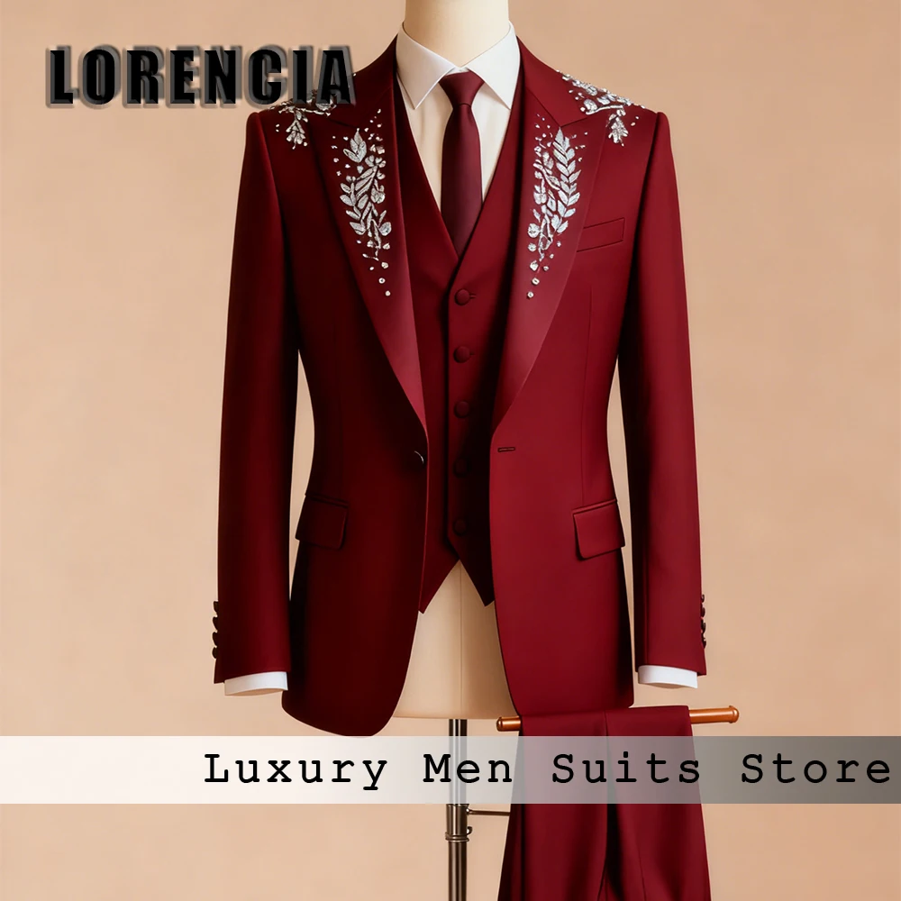 

Простые костюмы с кристаллами для мужчин, однобортные смокинги из трех предметов, наряд для свадебной вечеринки, пиджак по индивидуальному заказу, брюки, жилет уверен