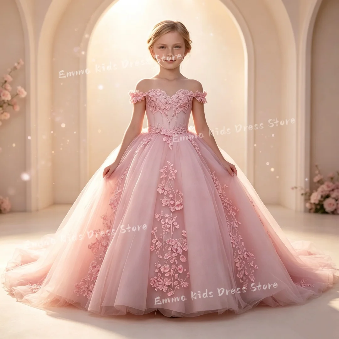 Customized Pink Flower Girl Dresses  Floral Appliques With Bow For WeddingTulle Birthday Party Prom Banquet Ball Princess Gown