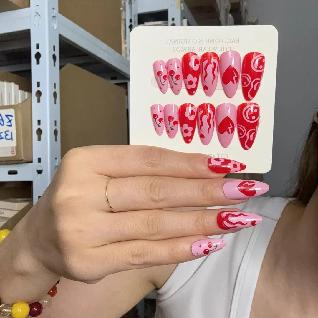 24pcs/box Removable Easy-to-Wear False Nail Set Red Love Almond Press on Nails Tips Waterdrop Full Cover Acrylic Fake Nails Art