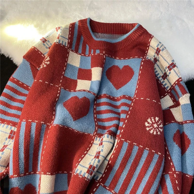 EBAIHUI Men's Christmas Long Sleeved Knitted Sweater Heart-shaped Checkered Round Neck Pullover Top Autumn Loose Casual Clothing