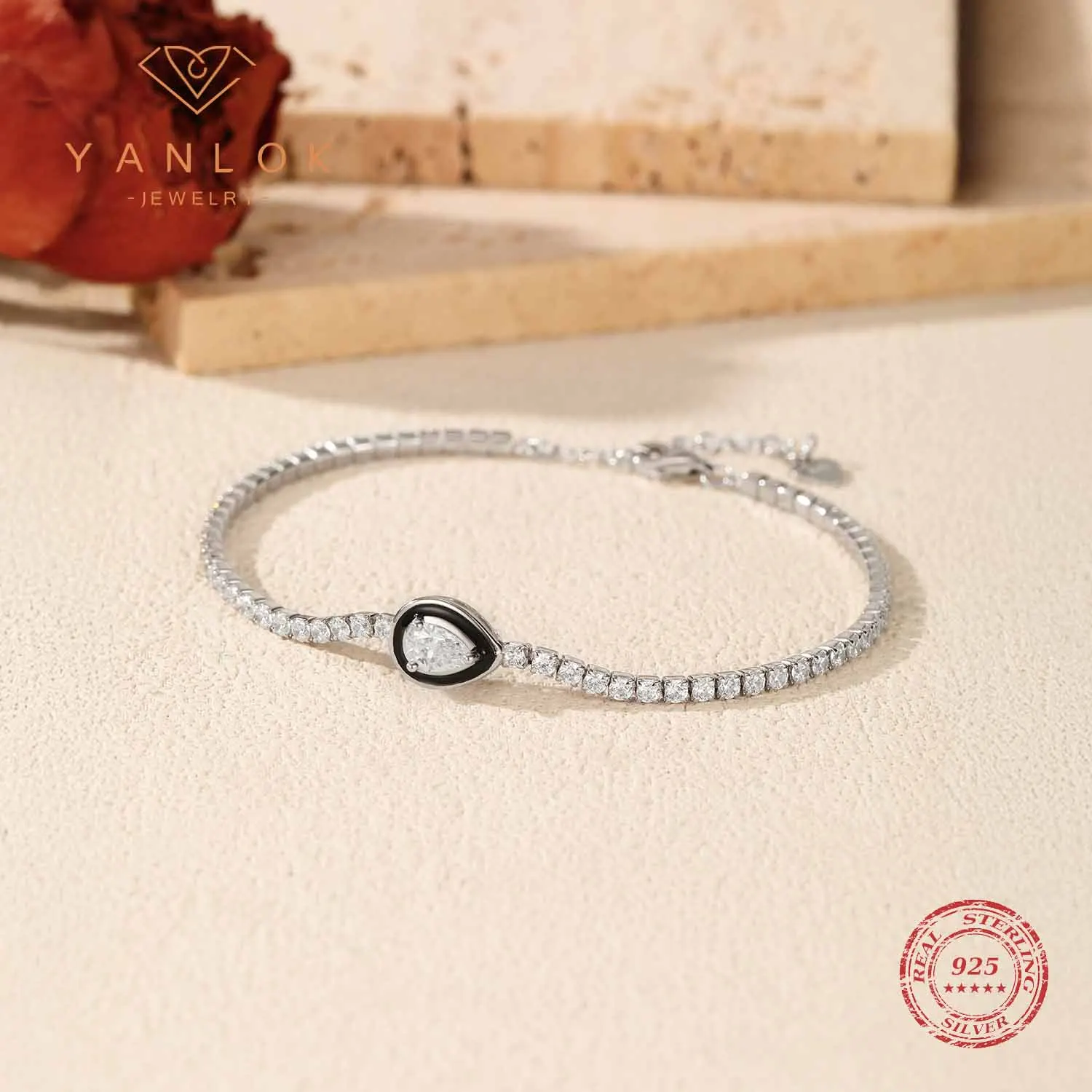 

YANLOK стерлингового серебра 925 пробы, черная эмаль, изысканный теннисный браслет с каплями воды, прозрачный CZ для женщин, ювелирные изделия, подарки