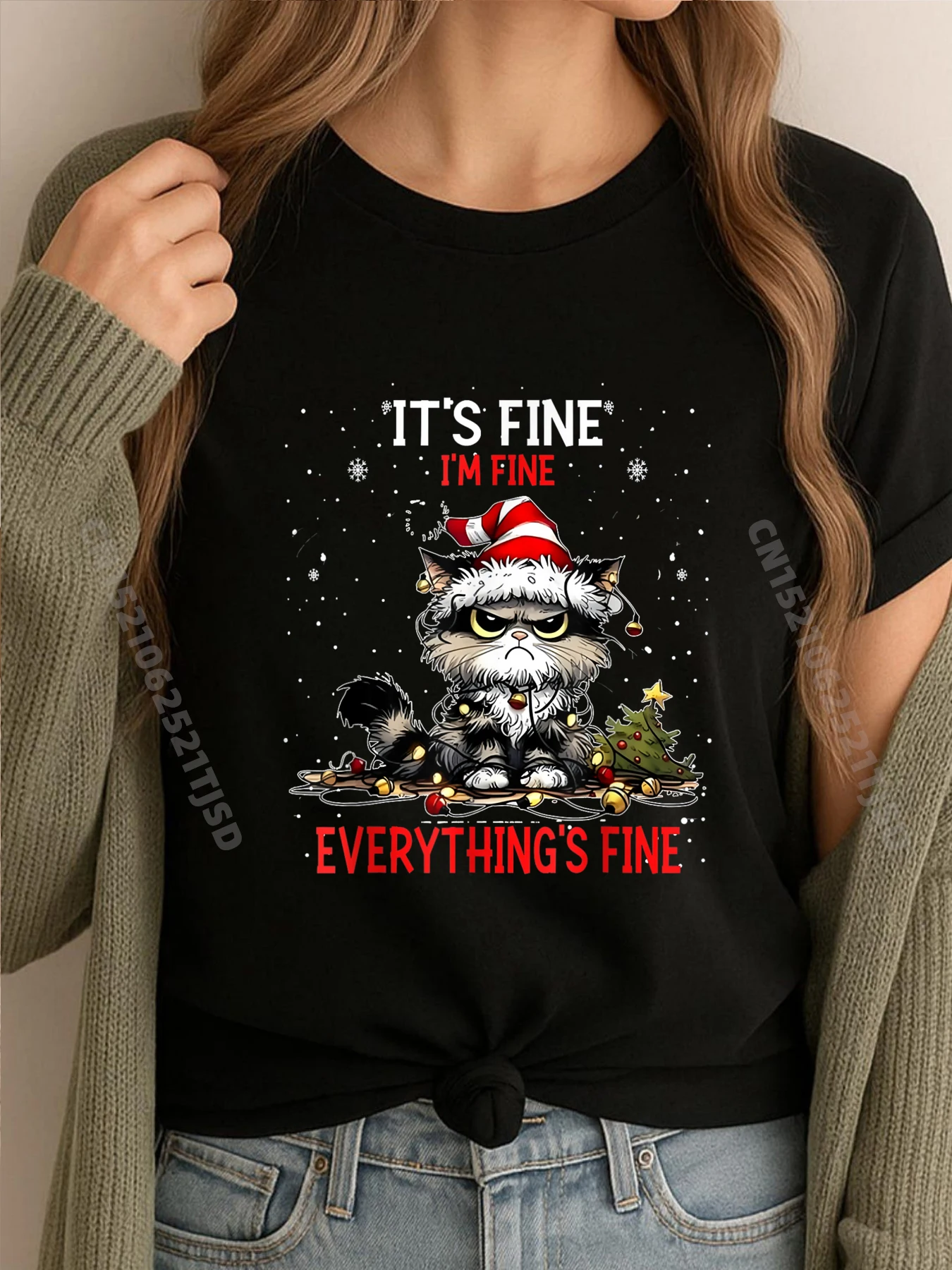 

Рождественский черный кот It Fine I M Fine Everything Is Fine Рубашки Футболки с рисунком Футболки с аниме Футболки для женщин Алфавит