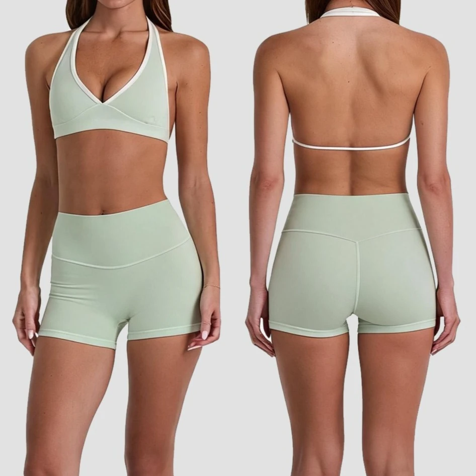 Women 2 Piece Workout Outfit Halter Neck Backless Sports Bra High Waist Biker Shorts Set Soft Stretch Yoga Gym Fitness Tracksuit