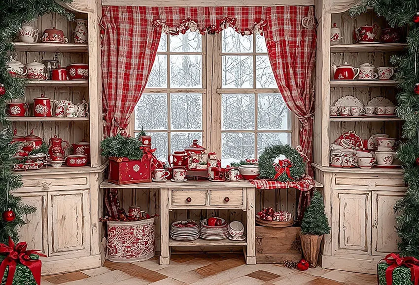 Mehofond Photography Background Winter Christmas Kitchen Window Curtains Xmas Kids Family Portrait Decor Backdrop Photo Studio