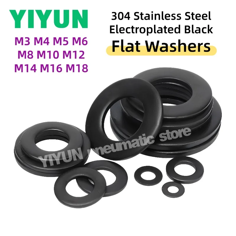10-200pcs M3x7x0.5mm 304 Stainless Steel Electroplated Black Flat Washers Gasket Gaskets M3 M4 M5 M6 M8 M10 M12 M14 M16 M18