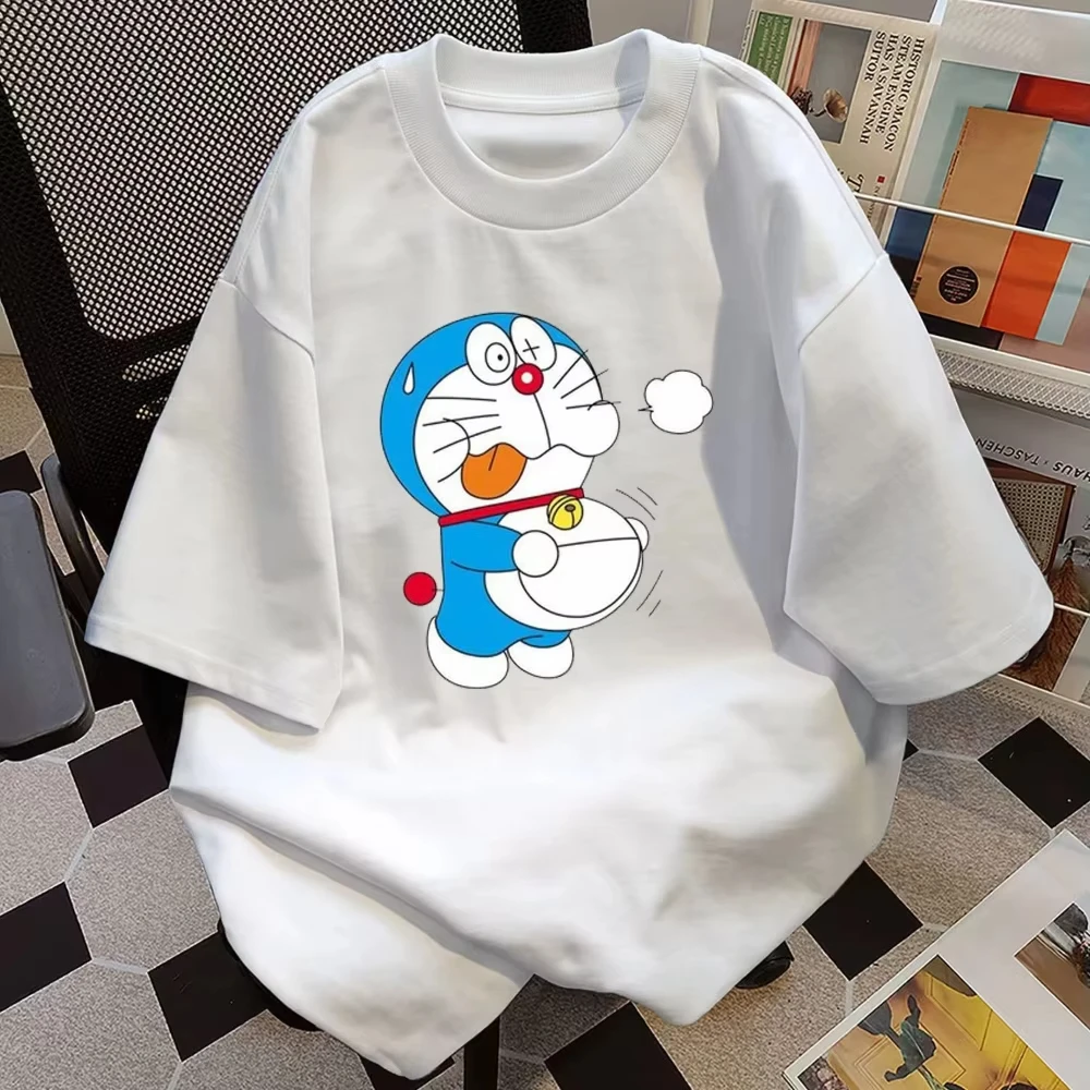 Camiseta de algodón transpirable de manga corta con diseño de Doraemon Dingdang Cat de anime japonés para hombre y mujer, unisex