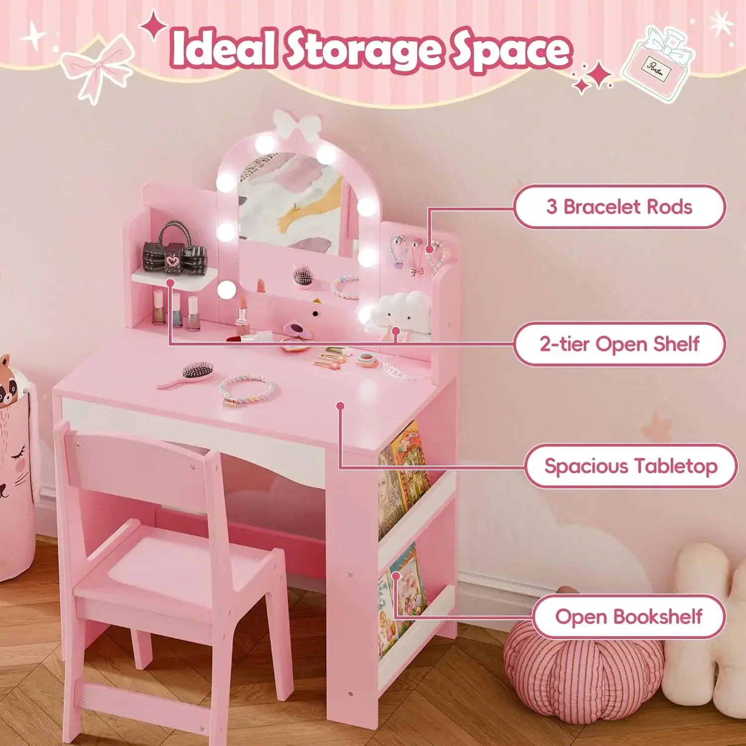 MU Kids Vanity with Lights, Princess Makeup Vanity Table and Chair Set for Girls, Toddler Vanity Desk with Open Bookshelf, Stora