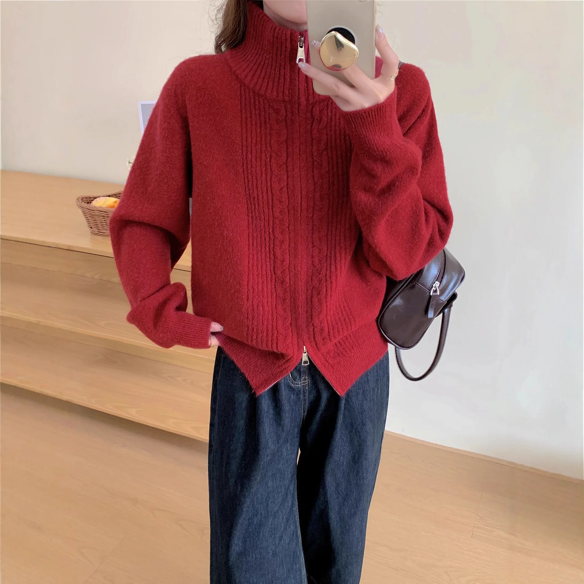 2026 Autumn and Winter New Loose Fashion Simple Solid Color Knitted Cardigan Versatile Casual Double Zipper Sweater Jacket