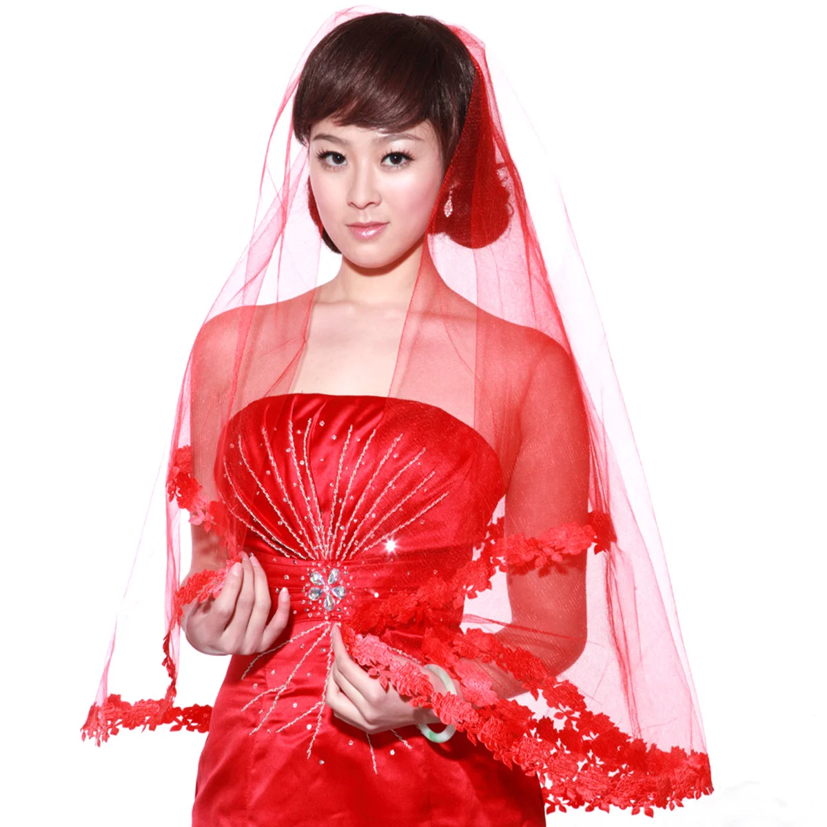 

Red Bridal Veil Transparent Mesh Flower Edge Medium Length Wedding Hairstyle Veil Ideal for Wedding Engagement Proposal