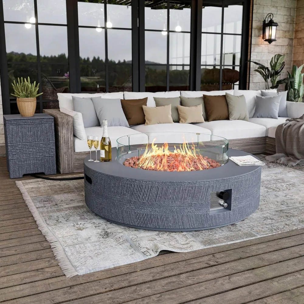 

42-inch Outdoor Propane Gas Fire Pit Table 50000 BTU Concrete Rectangle FirePit for Outside Patio with Propane Tank Cover, Wind