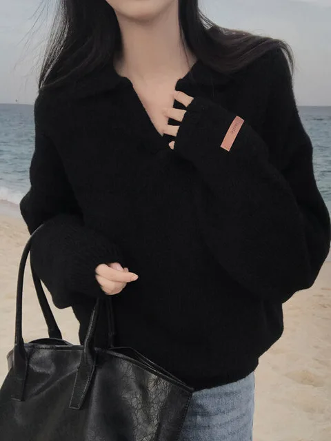 ey Knitted Sweater Women's Outerwear Chic Retro Collar Loose Simple Versatile Winter Faion High-End Feelings Fem Teens