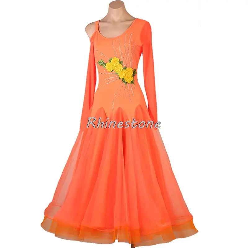 Orange Modern High-end Diamond Attached Performance Competition Uniform National Standard Waltz Dance Dress