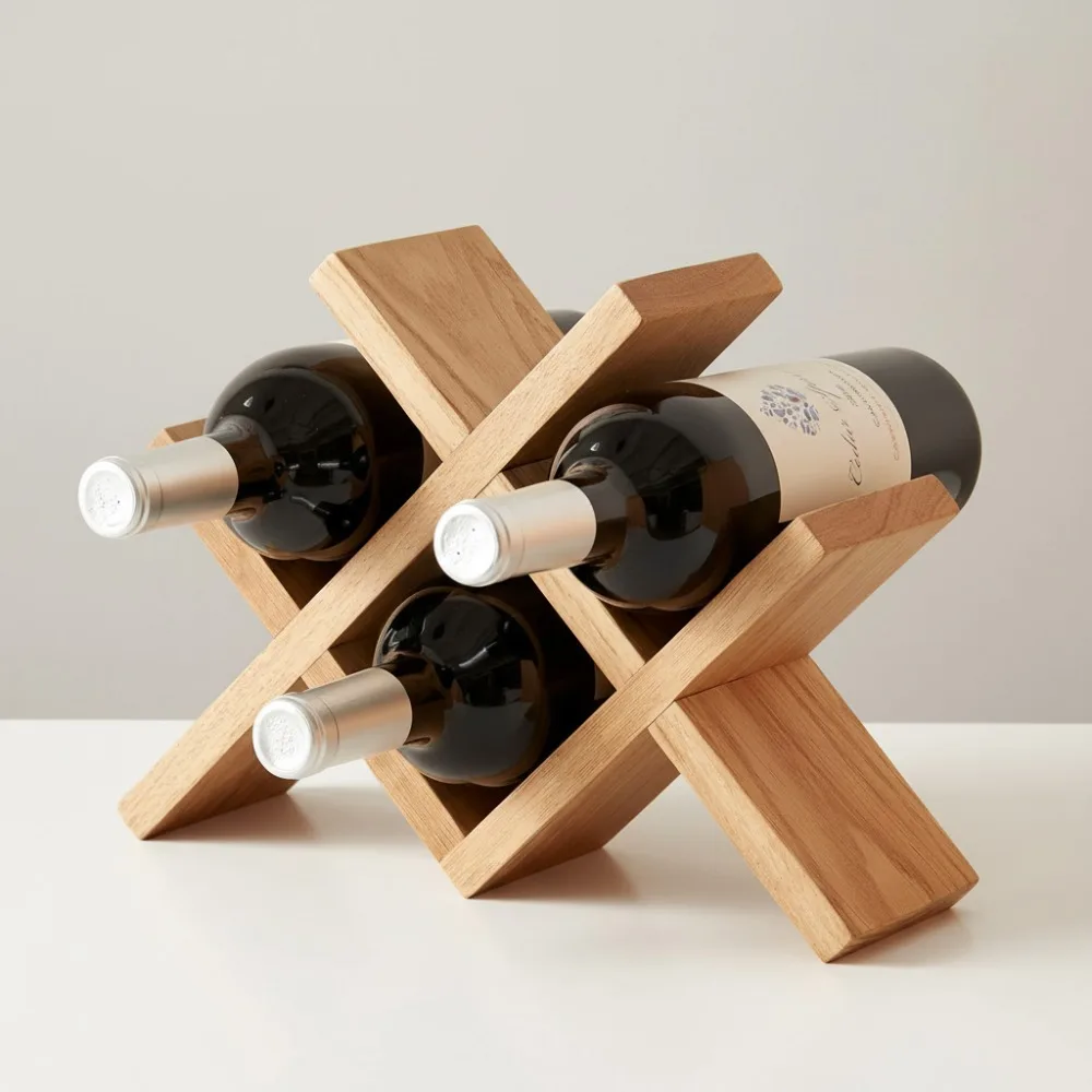 

Oak Wood Countertop Wine Rack - Rustic 4-Bottle Holder, No Assembly Required for Kitchen Bar Display