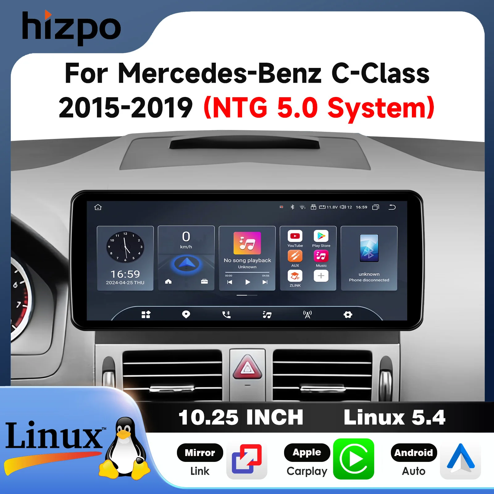 Hizpo 10,25 Zoll 12,3 Zoll Autoradio für Mercedes Benz C-Klasse 2015 - 2019 NTG 5.0 Infotainment-System Kabelloses CarPlay Android Auto Mirror Link Bluetooth Linux 5.4
