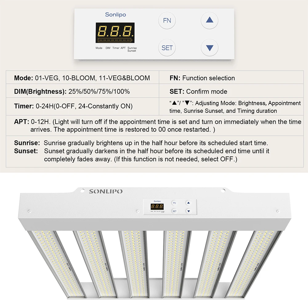 SPF2000PRO LUZ DE GROW LED 200W CON TEMPORIZADOR DE TEMPORIZADOR DE VEG y BLOOM DE ESPECTRO COMPLETO - Cubierta de 4X4 pies