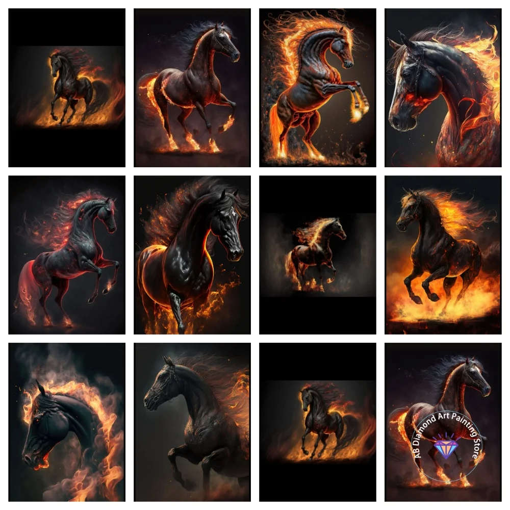 

Flame Black Horse Galloping AB Diamond Painting Kit Square Round Diamond 5D DIY Mosaic Handmade Art Exquisite Gift Home Decor