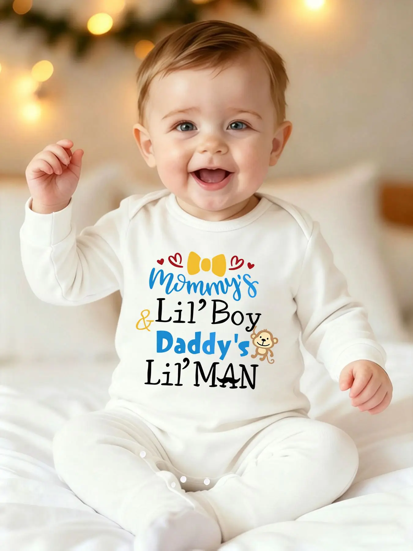 Mommy's Little Boy Daddy's Little Man Baby Footed Onesie Bear Heart Print Long Sleeve Romper Newborn Baby Boy Gift