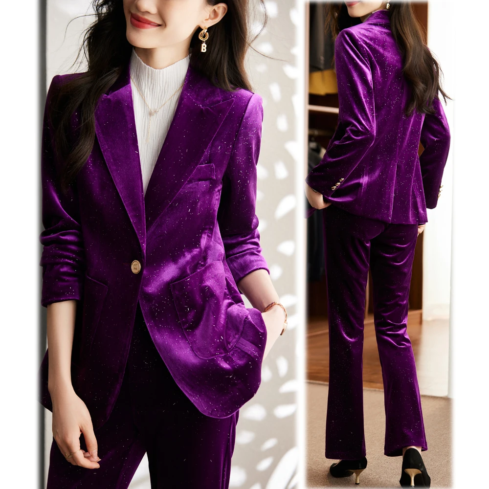 High Quality Bright silk Shiny Velvet Autumn Winter Blazer Women\' Business Suits with Sets Work Wear Office Uniform Pants Jacket