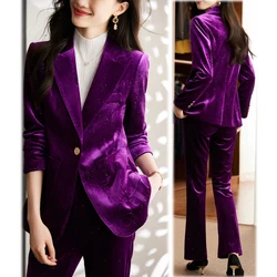 High Quality Bright silk Shiny Velvet Autumn Winter Blazer Women' Business Suits with Sets Work Wear Office Uniform Pants Jacket