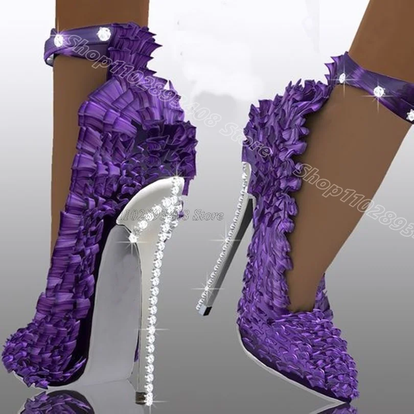 Purple Crystal Decor Trim Pumps Pointed Toe Shallow British Style New Fashion Party Dress Women Shoes 2024 Zapatos Para Mujere