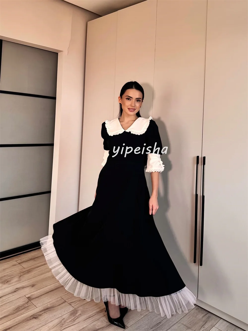Customized Modern Style High Quality Jersey Pleat Tiered A-line V-neck Midi Dresses Bespoke Occasion Dresses Sizes Available