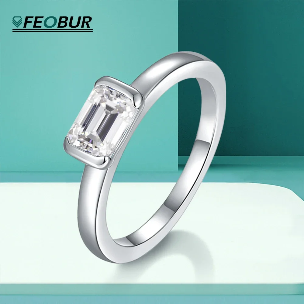 FEOBUR 5*7mm 1 Carat Emerald Cut Moissanite Ring for Women 925 Sterling Silver Solitaire Engagement Wedding Rings Wholesale GRA