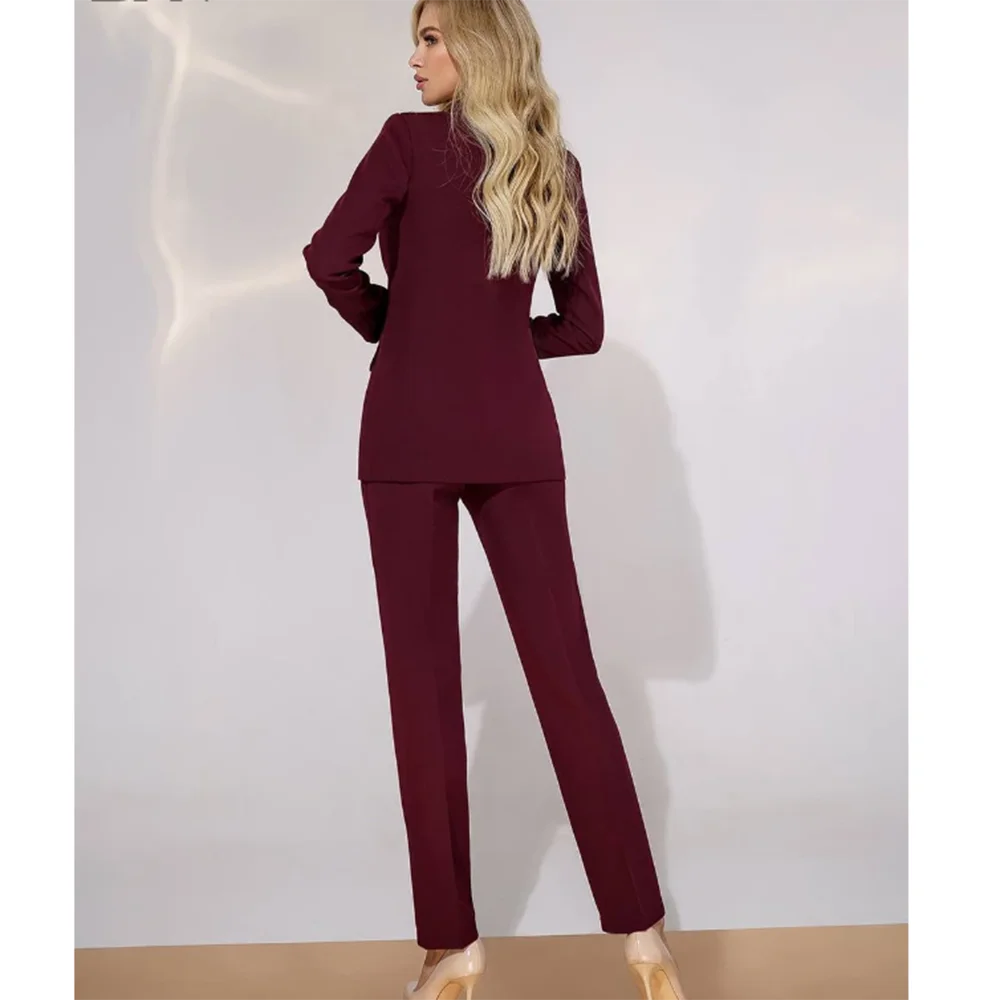 2024 New Arrival Dark Red Purple Women Suit Double Breasted 2 Piece Jacket Pants Female Clothing Slim Fit Office Lady Balzer Set