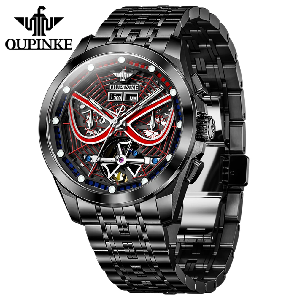 OUPINKE 3250 Top Men\'s Watches Spider Armor Series Skeleton Flywheel Cool Dial Luxury Automatic Mechanical Wrist Watch for Men