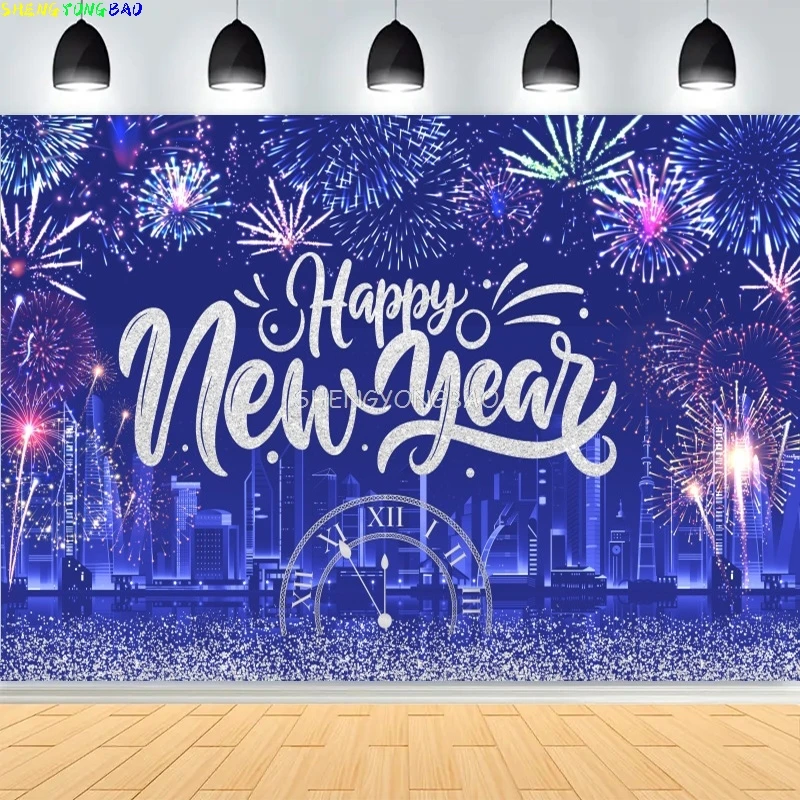 2026 الذهب سنة جديدة سعيدة خلفية بريق ساعة أضواء الشمبانيا بالونات عيد الميلاد الأسرة حفلة التصوير خلفية NY-02 #3