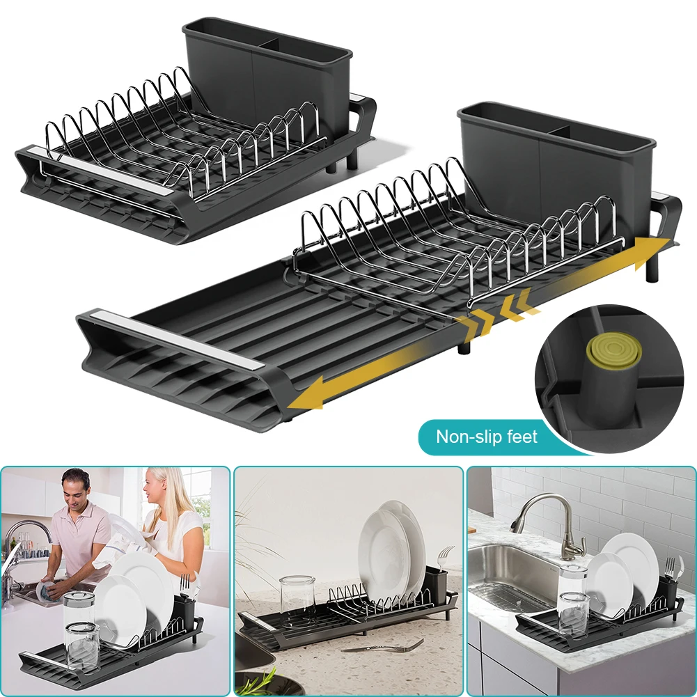 Dish Drying Rack Extendable Dish Rack for Kitchen Countertop with Draining Tray Rustfree Rack for 8 Plates with 2 Utensil Holder