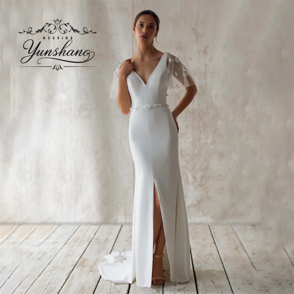 Yunshang Customized  Mermaid Wedding Dress V-Neck Sheer Butterfly Sleeves High Split Backless Button Floor Length Court Train