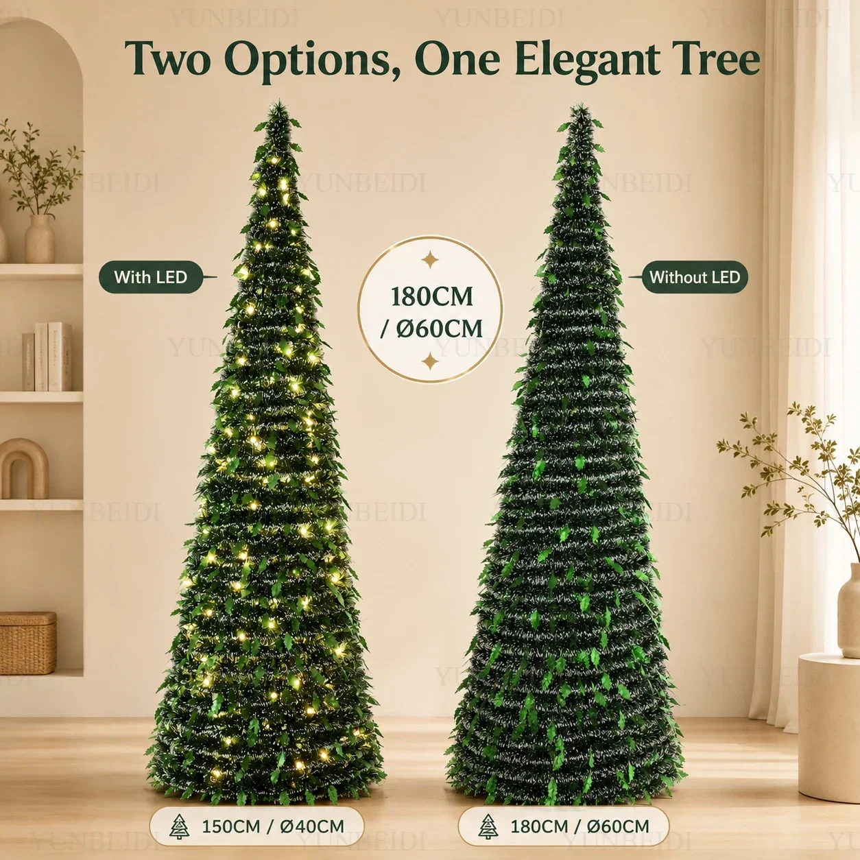 Foldable LED light embedded Christmas tree, large Christmas tree, decoration for home Christmas party scene, 150 cm / 180 cm