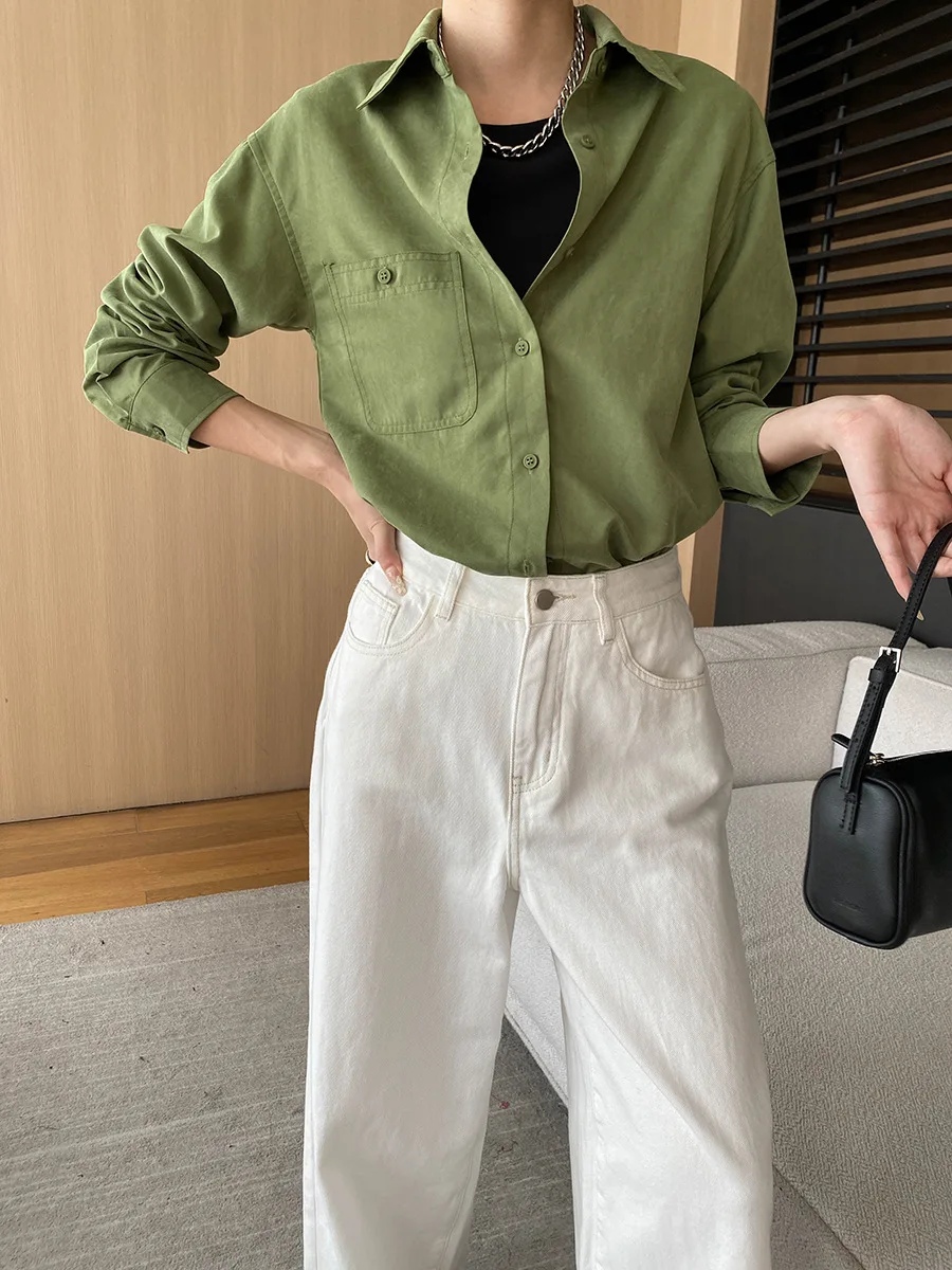 Women Shirt Long Blouses Solid Pocket Turn Down Collar Long Sleeves Single Breasted Loose Fit Casual Office Lady 2025 Autumn