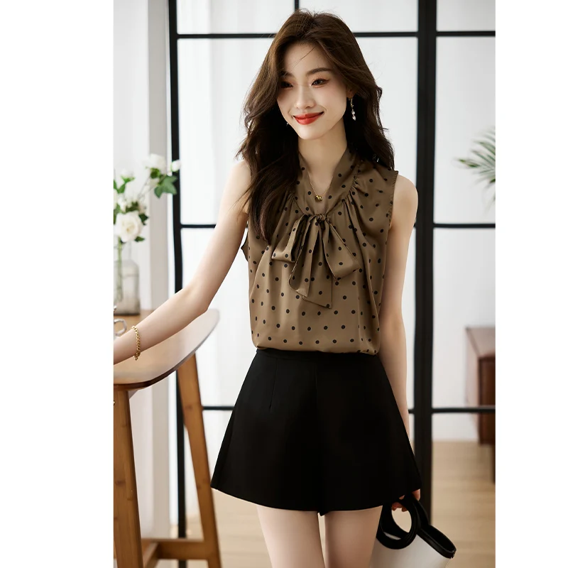 Women Clothing Vintage Drawstring Bow Blouses Office Lady Elegant Fashion Loose Shirts Chic Sleeveless Chiffon Pullover Tops