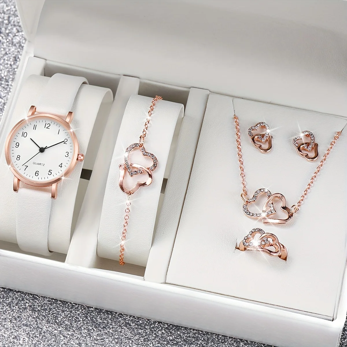 

6pcs/set Women's Watch Casual Fashion Quartz Watch Analog PU Leather Wrist Watch & Jewelry Set, Valentines Gift For Her