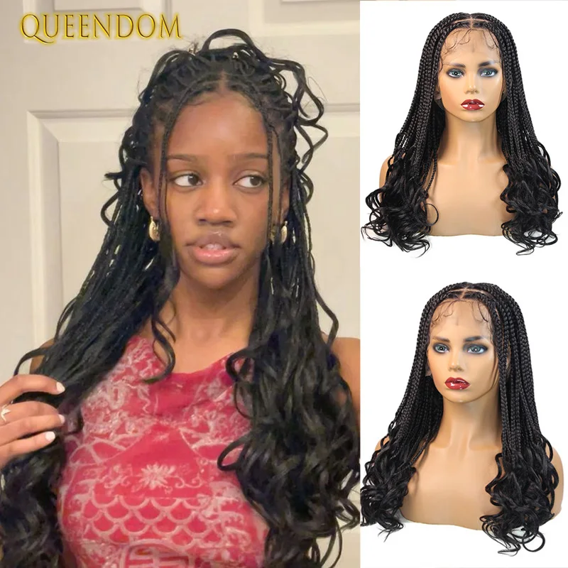 Synthetic Crochet Cornrow Full Lace Front Wig Box Braided Wigs With Curly Ends Knotless Heat Goddess Braid Wigs For Women 18Inch