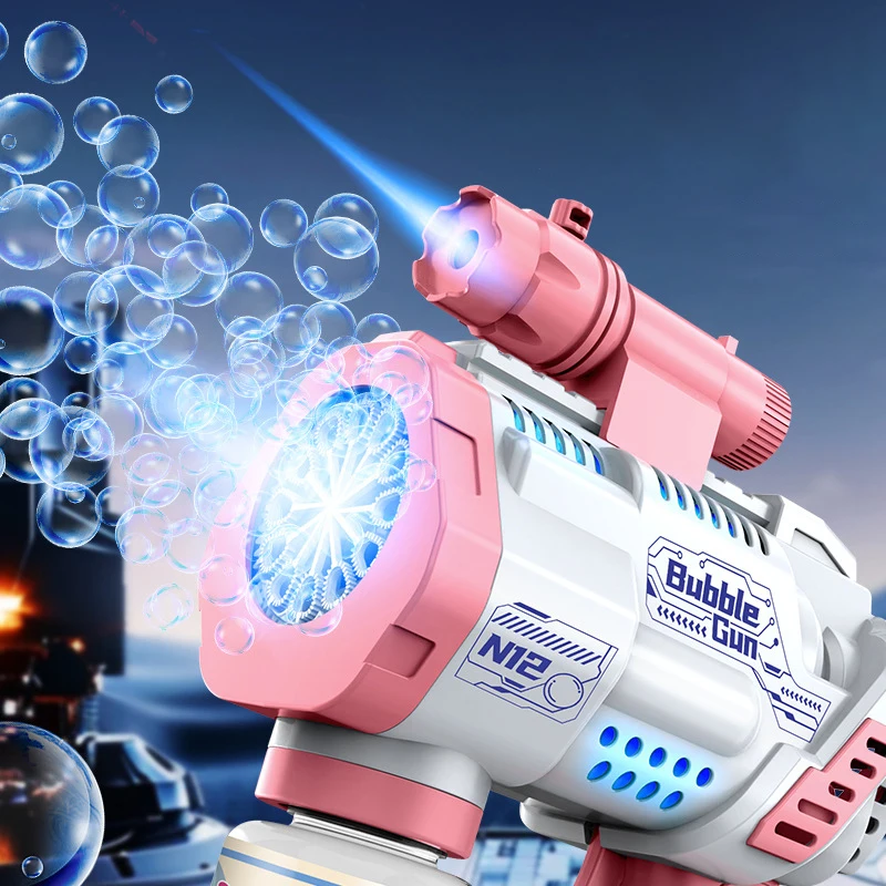Pistola de burbujas automática de 12 orificios, máquina de burbujas eléctrica con luces, pistolas de jabón, soplador, Fiesta al aire libre, juguete para niños, regalos de navidad