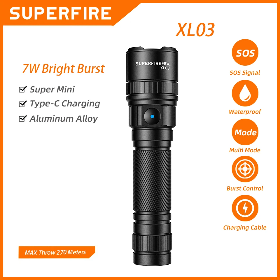 

SUPERFIRE XL03 Strong LED Flashlight Telescopic Zoom Tactical Torch USB 18650 Portable Spotlight Long-Range Camping Flashlights