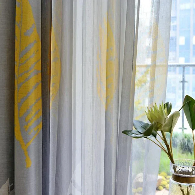 American Country-style Romeantic White Yellow Plantain Leaves Curtains for Living Room Grey Semi-shade Bedroom Fabric