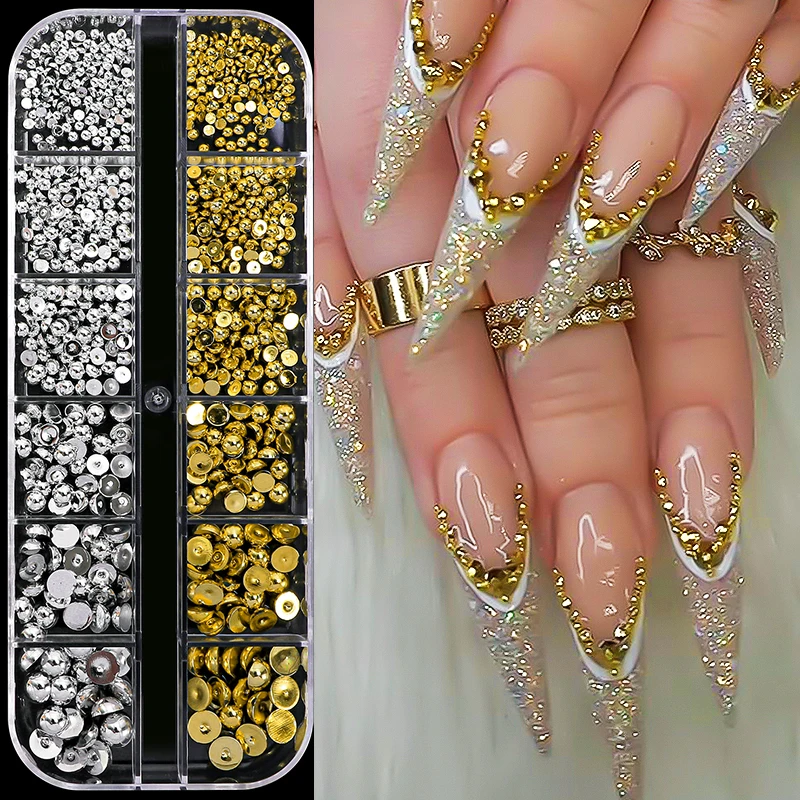 12Grids/Box Nails Gold Metallic Nail Sequins Moon Star Luxury Charms Half Round Pearl Beads Rhinestones 3D DIY Manicure Design