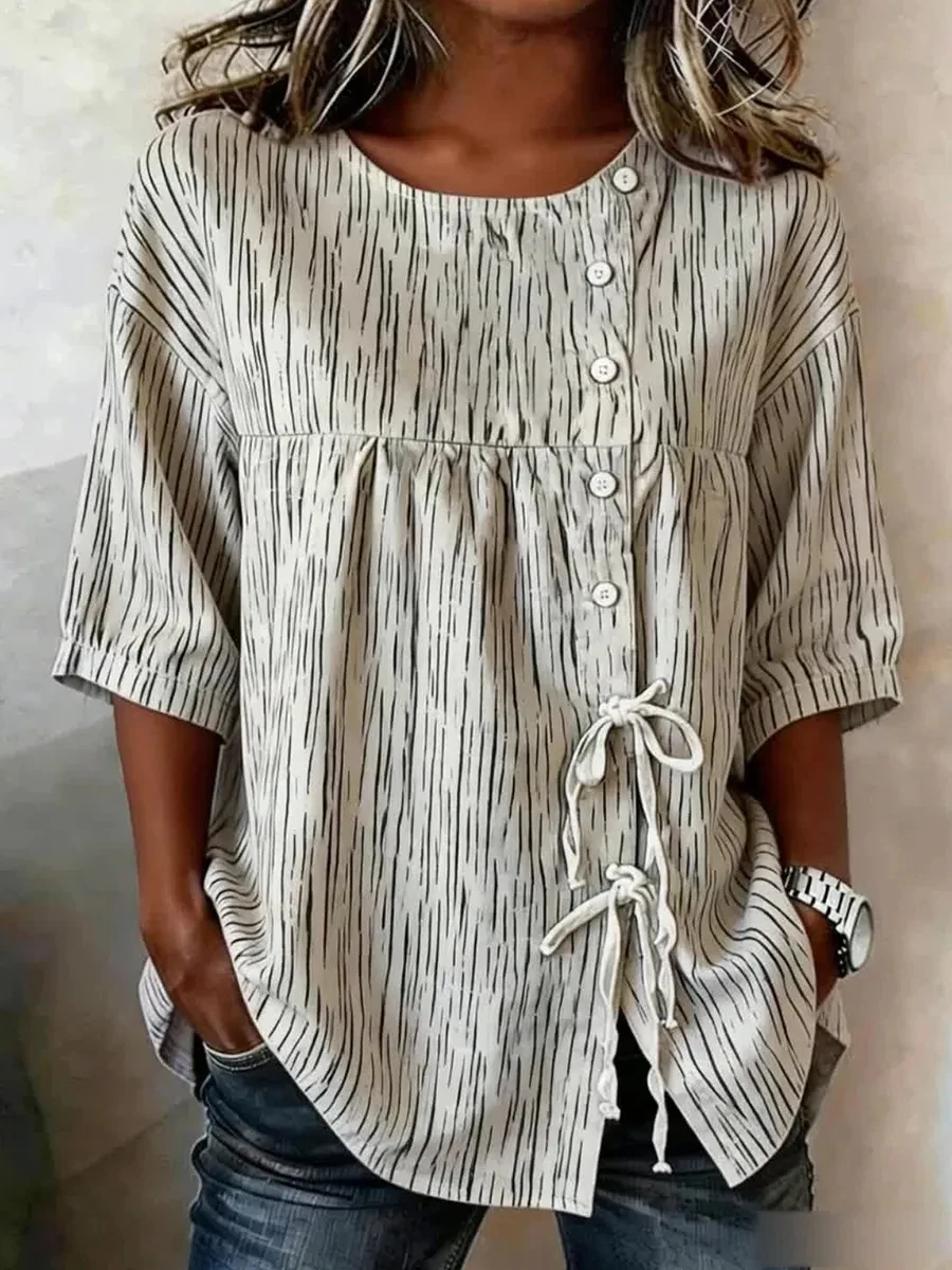 

Women's Vertical Stripe Print Casual Blouse, Button Tie Front Loose Top for Spring Summer Daily Vacation Streetwear