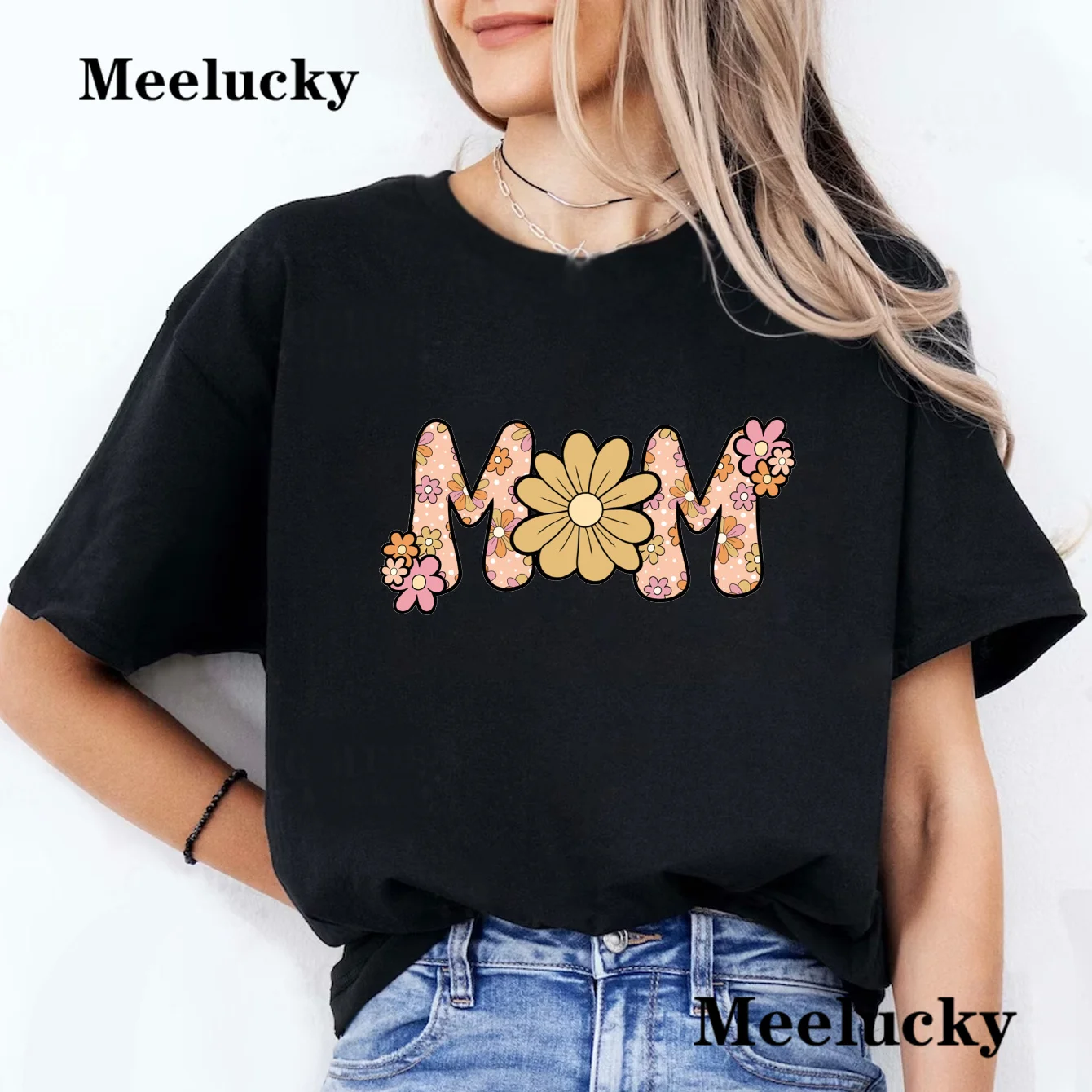 Daisy Mommy  Cute Print T Shirt Short Sleeve Crew Neck Casual Top For All Season Women's Clothing