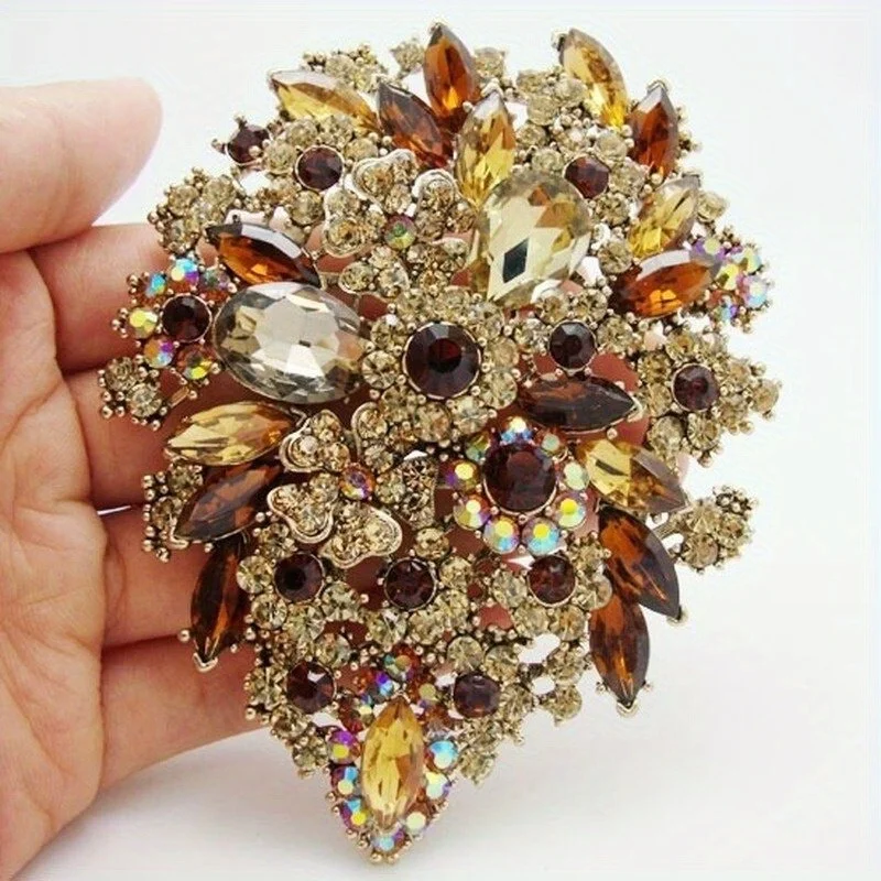 1pcs Retro Exaggerated Temperament Large Crystal Glass Brooches for Women Luxury Multicolor Rhinestone Pins